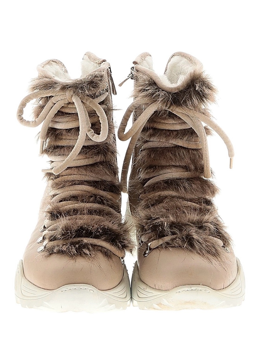 Women’s Italian Leather Faux Fur Lace-Up Combat Boots Beige Size 8